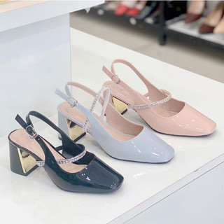 Giày Cao Gót 6cm Pixie Quai Ngang Đính Đá Mũi Vuông H091