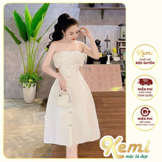 Váy cúp ngực bèo tơ phối cúc dáng dài chất Tafta cao cấp, đầm công chúa Kemi