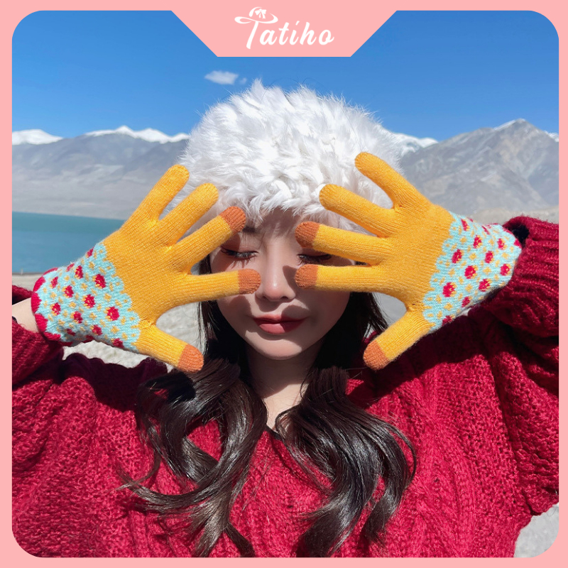 Găng tay unisex, Bao tay len dày dặn họa tiết hoa nhí cảm ứng điện thoại phong cách dễ thương thời trang Hàn - GT004