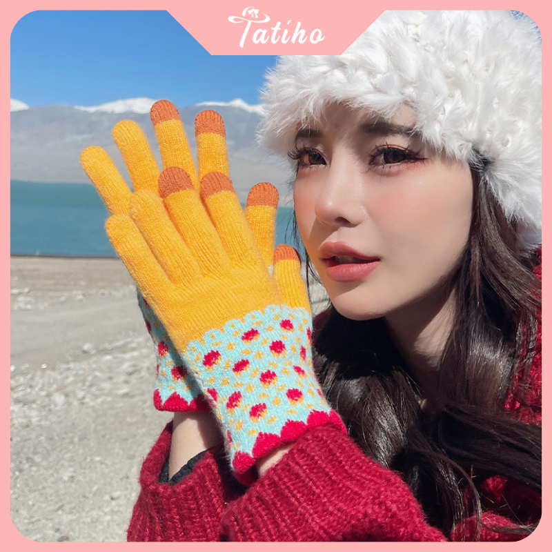 Găng tay unisex, Bao tay len dày dặn họa tiết hoa nhí cảm ứng điện thoại phong cách dễ thương thời trang Hàn - GT004