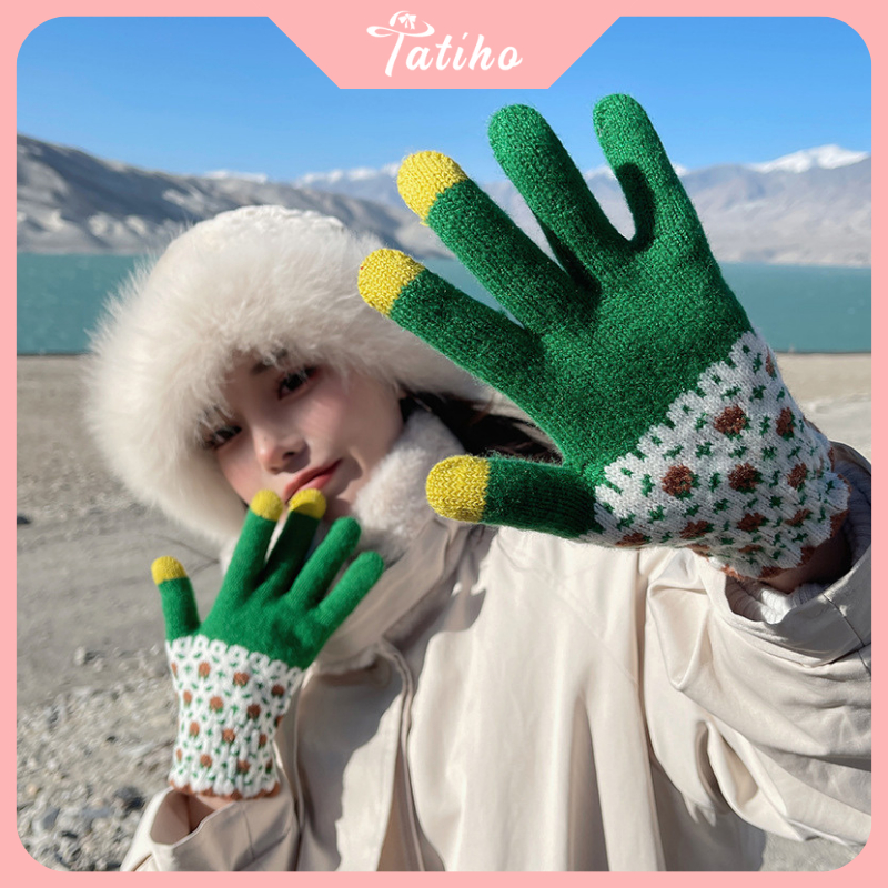 Găng tay unisex, Bao tay len dày dặn họa tiết hoa nhí cảm ứng điện thoại phong cách dễ thương thời trang Hàn - GT004