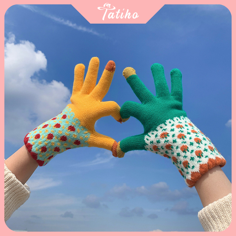 Găng tay unisex, Bao tay len dày dặn họa tiết hoa nhí cảm ứng điện thoại phong cách dễ thương thời trang Hàn - GT004