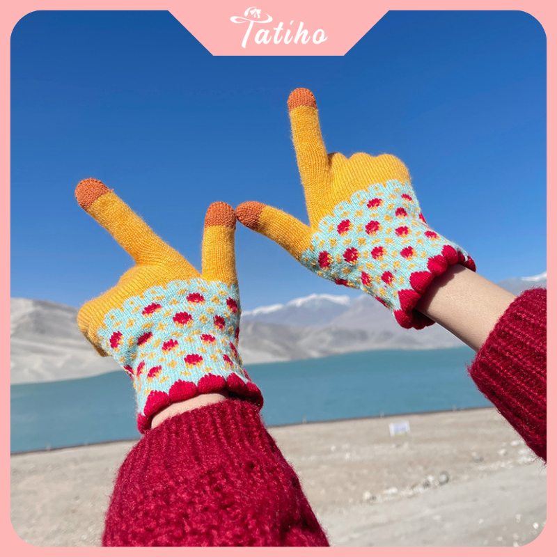 Găng tay unisex, Bao tay len dày dặn họa tiết hoa nhí cảm ứng điện thoại phong cách dễ thương thời trang Hàn - GT004