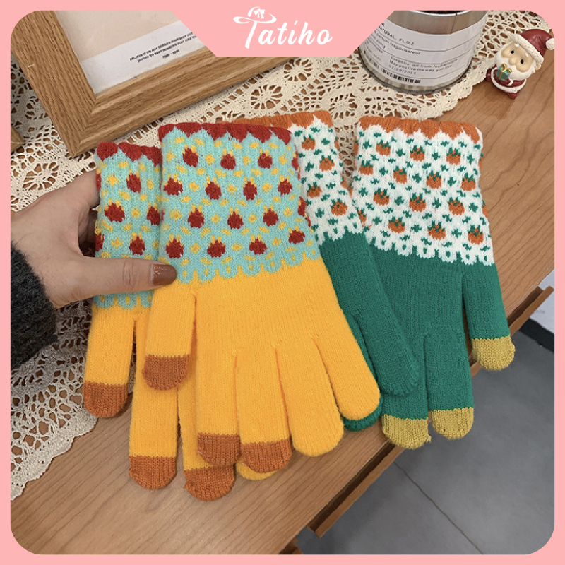 Găng tay unisex, Bao tay len dày dặn họa tiết hoa nhí cảm ứng điện thoại phong cách dễ thương thời trang Hàn - GT004
