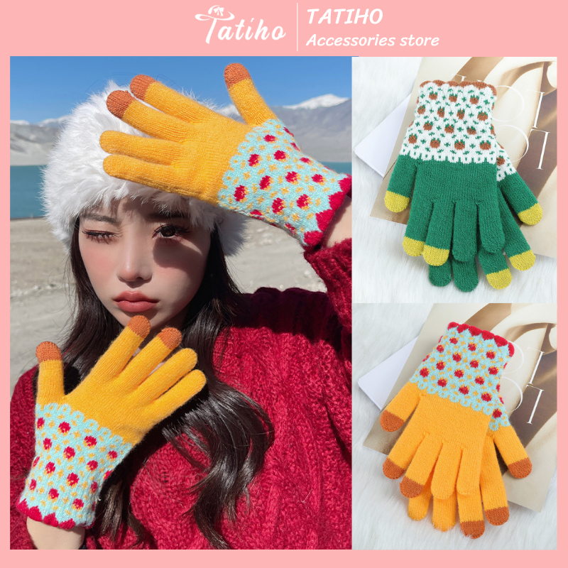 Găng tay unisex, Bao tay len dày dặn họa tiết hoa nhí cảm ứng điện thoại phong cách dễ thương thời trang Hàn - GT004