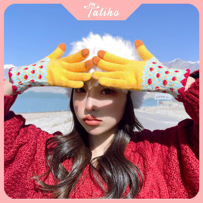 Găng tay unisex, Bao tay len dày dặn họa tiết hoa nhí cảm ứng điện thoại phong cách dễ thương thời trang Hàn - GT004