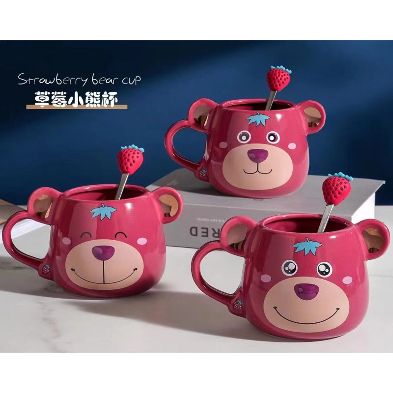 Set Cốc Sứ Gấu Dâu Lotso Kèm Thìa Quả Dâu Siu Cute