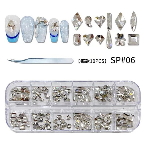 Set 12 ô đá mix chân bằng, đá đính móng trang trí lấp lánh - Sushi nail mi