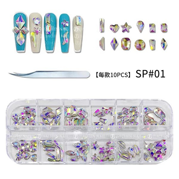 Set 12 ô đá mix chân bằng, đá đính móng trang trí lấp lánh - Sushi nail mi