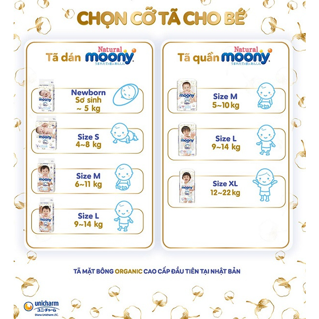 Tã Bỉm MOONY NATURAL Nội Địa Nhật dán/quần NB63/S58/M48/L36