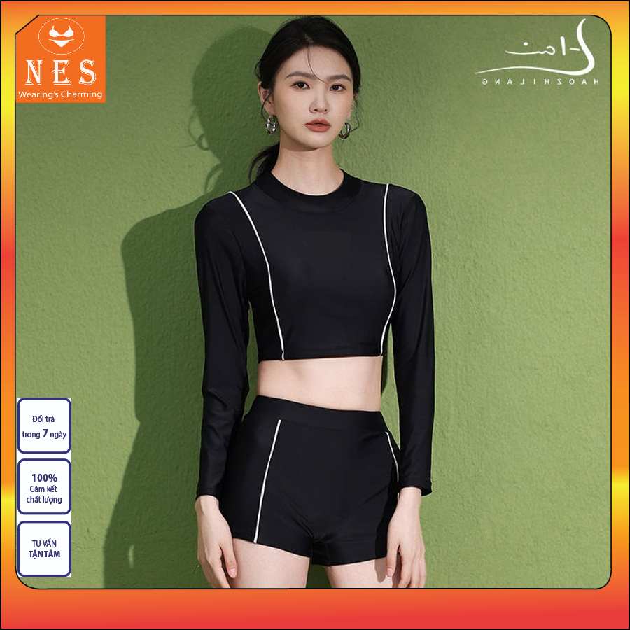 Bikini đi biển, đồ bơi nữ tay dài, áo croptop sọc trắng, Đồ bơi nữ Nes CRD0102,bikini đùi, đồ lặn biển