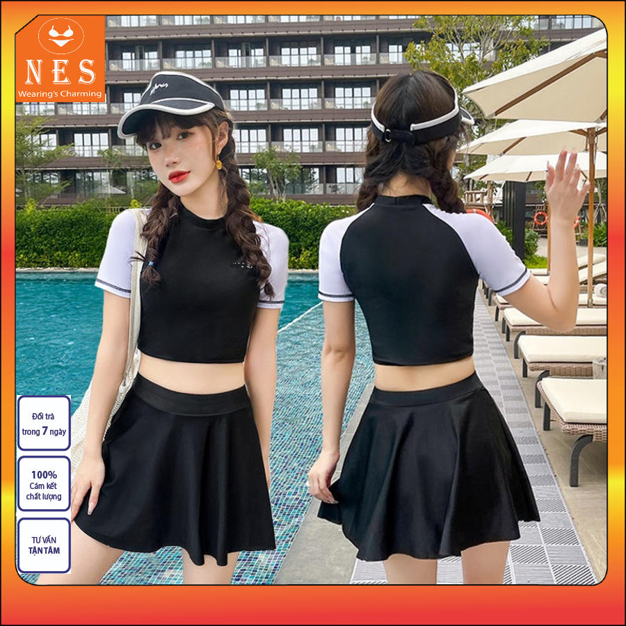 (Size M,L,XL)Bikini đi biển 2 mảnh dạng váy set váy kín đáo đồ học bơi cho học sinh đồ bơi nữ áo croptop