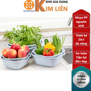Bộ thau rổ 2 lớp vuông nhựa VIỆT NHẬT - Rửa rau củ quả, trộn thực phẩm - Chính hãng 3288/89/90