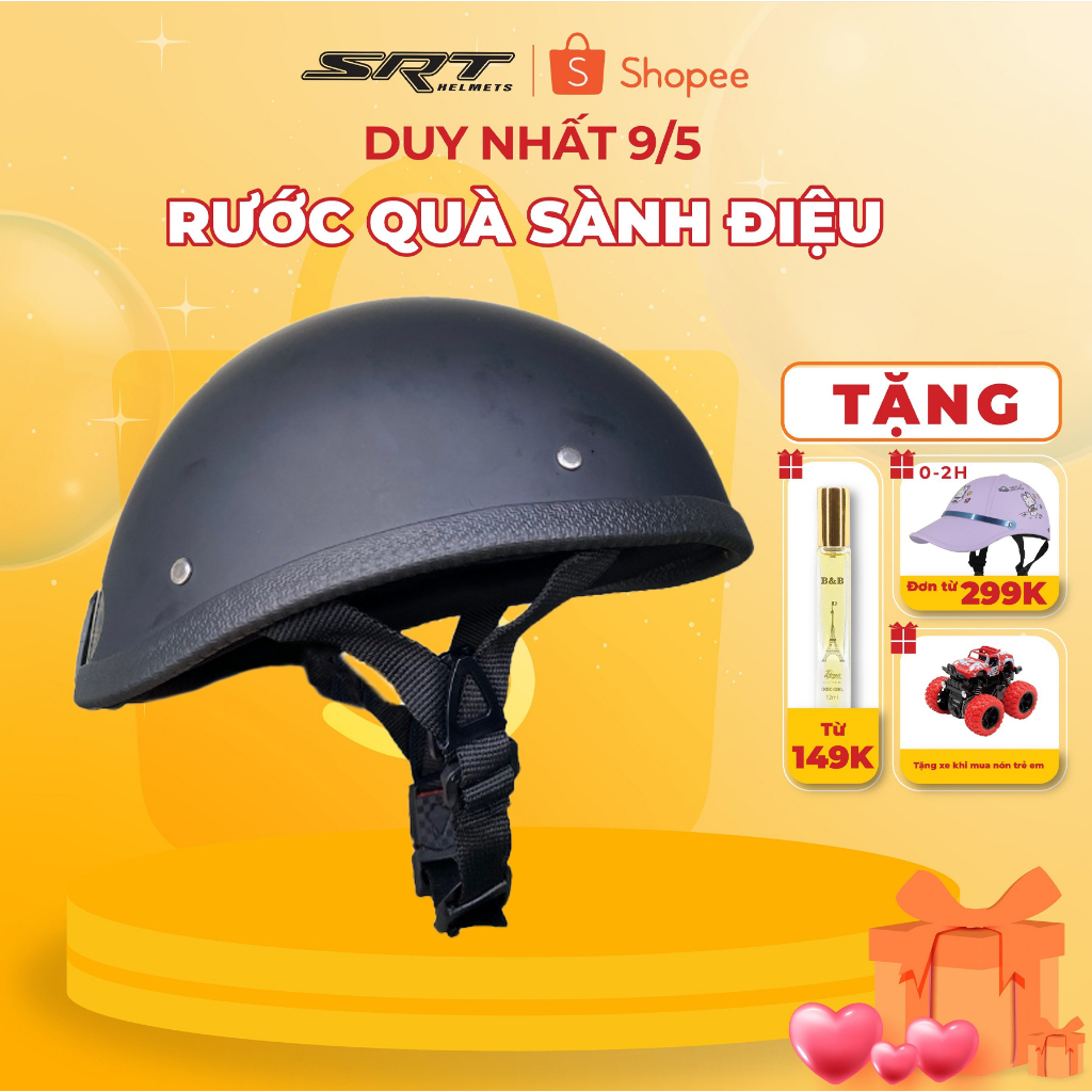 Mũ bảo hiểm nửa đầu 1/2 SRT đua ngựa không mỏ đen nhám cực chất