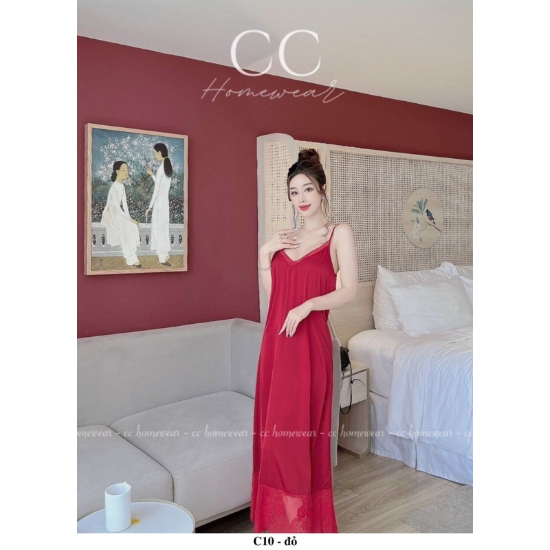 Đầm dây dáng dài C10 hàng hiệu CC HOMEWEAR lụa 2 dây maxi phối ren