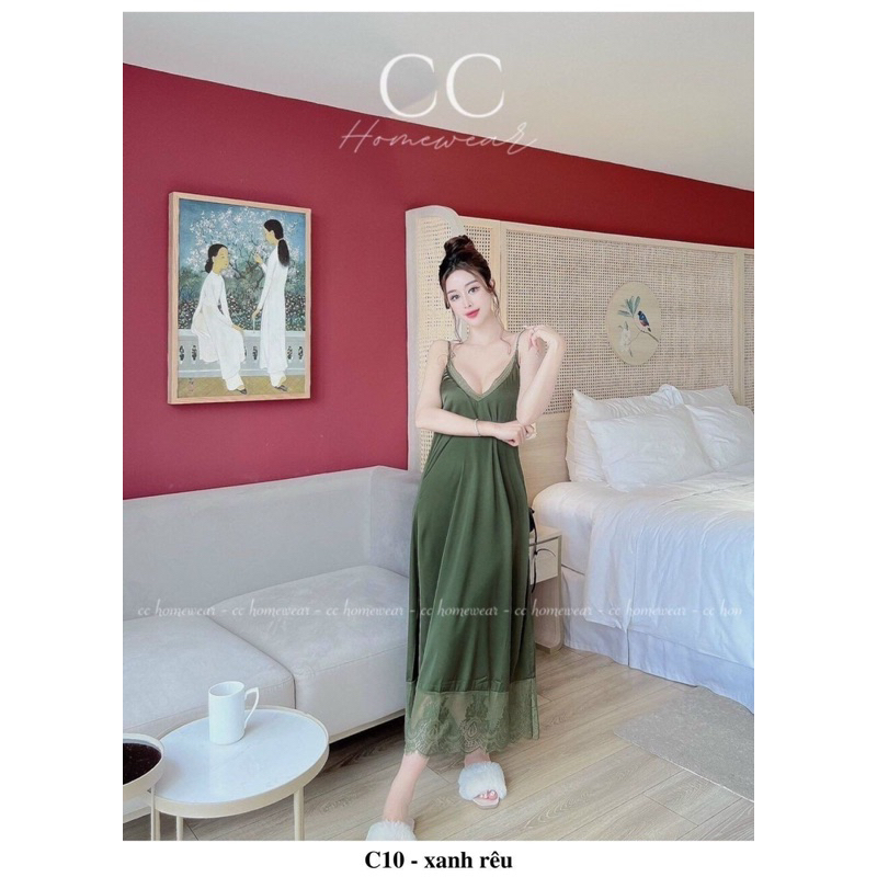 Đầm dây dáng dài C10 hàng hiệu CC HOMEWEAR lụa 2 dây maxi phối ren