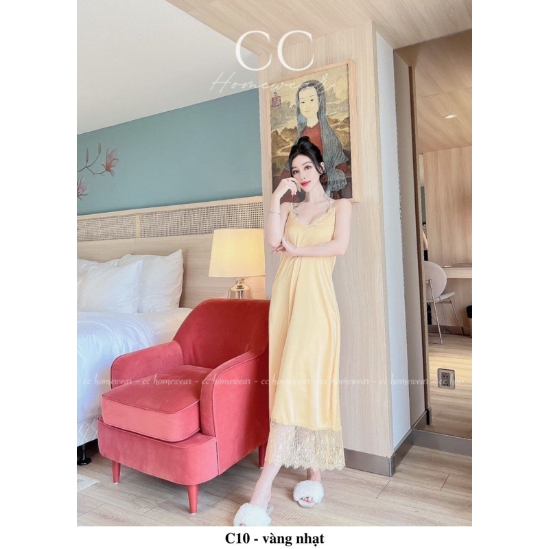 Đầm dây dáng dài C10 hàng hiệu CC HOMEWEAR lụa 2 dây maxi phối ren