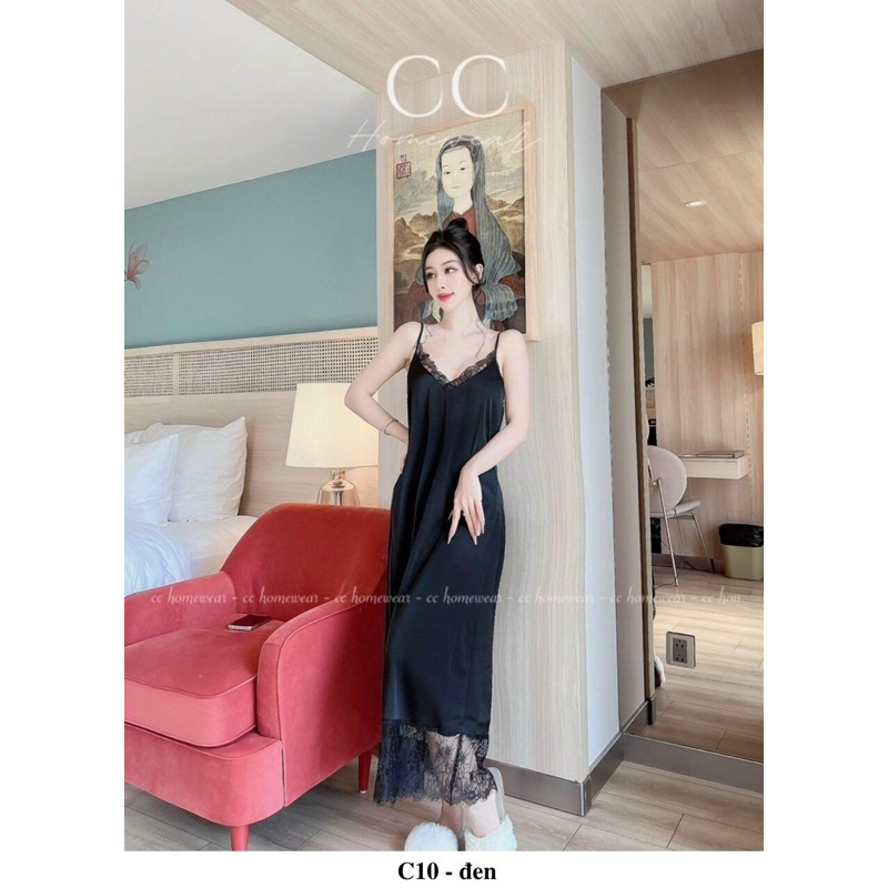 Đầm dây dáng dài C10 hàng hiệu CC HOMEWEAR lụa 2 dây maxi phối ren