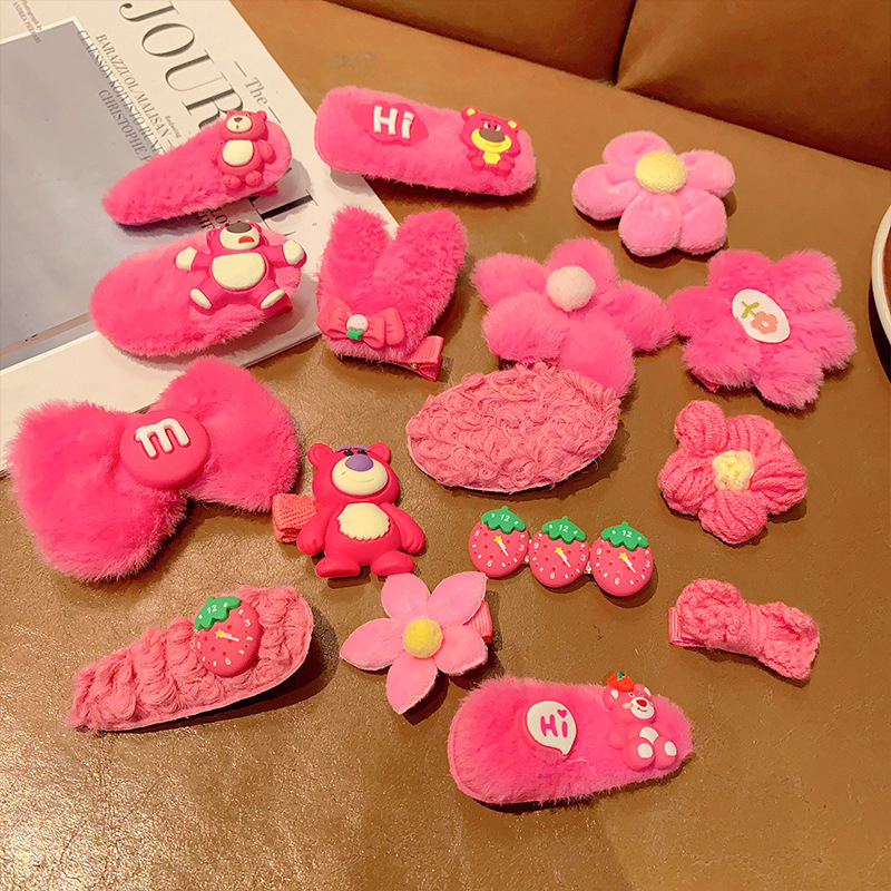 Set kẹp tóc mái gấu dâu - Set kẹp tóc cho bé gái cute màu hồng 8 cái gấu lotso Saka