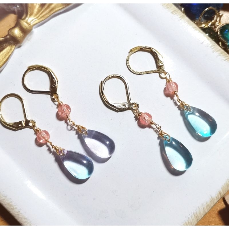 Khuyên Tai Mạ Thủy Tinh Giọt Nước Nhiều Màu Handmade