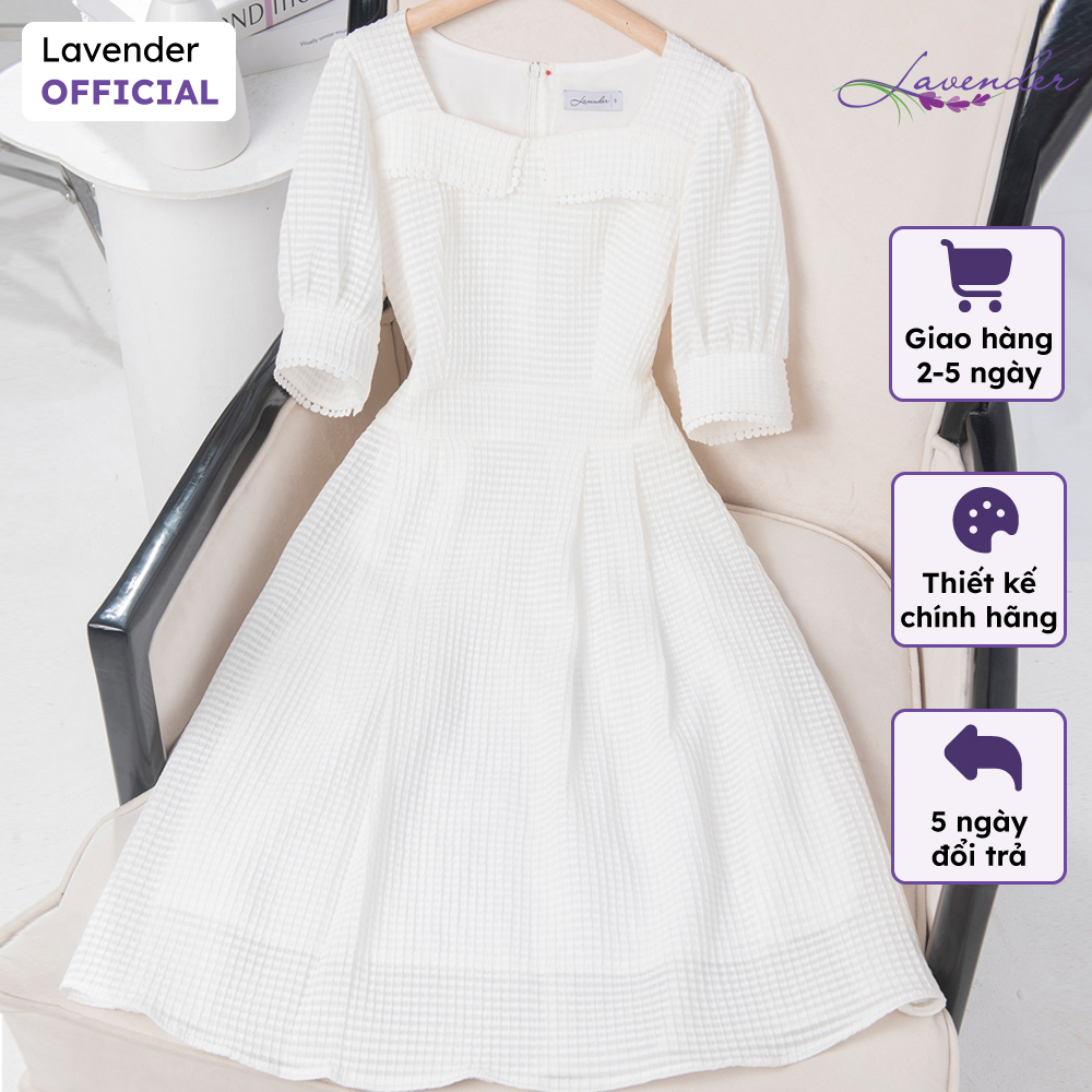 Đầm công sở thiết kế LAVENDER trắng dáng xòe cổ vuông tay ngắn D2703