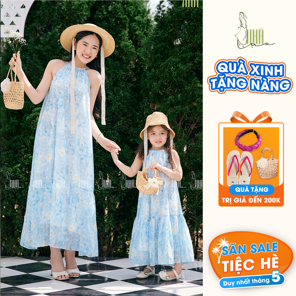(Combo) Đầm maxi hoa đi biển Hạ Thảo đồ đôi mẹ và bé gái NHÀ LÚA, Váy dáng suông họa tiết hoa đi chơi đi du lịch CB04