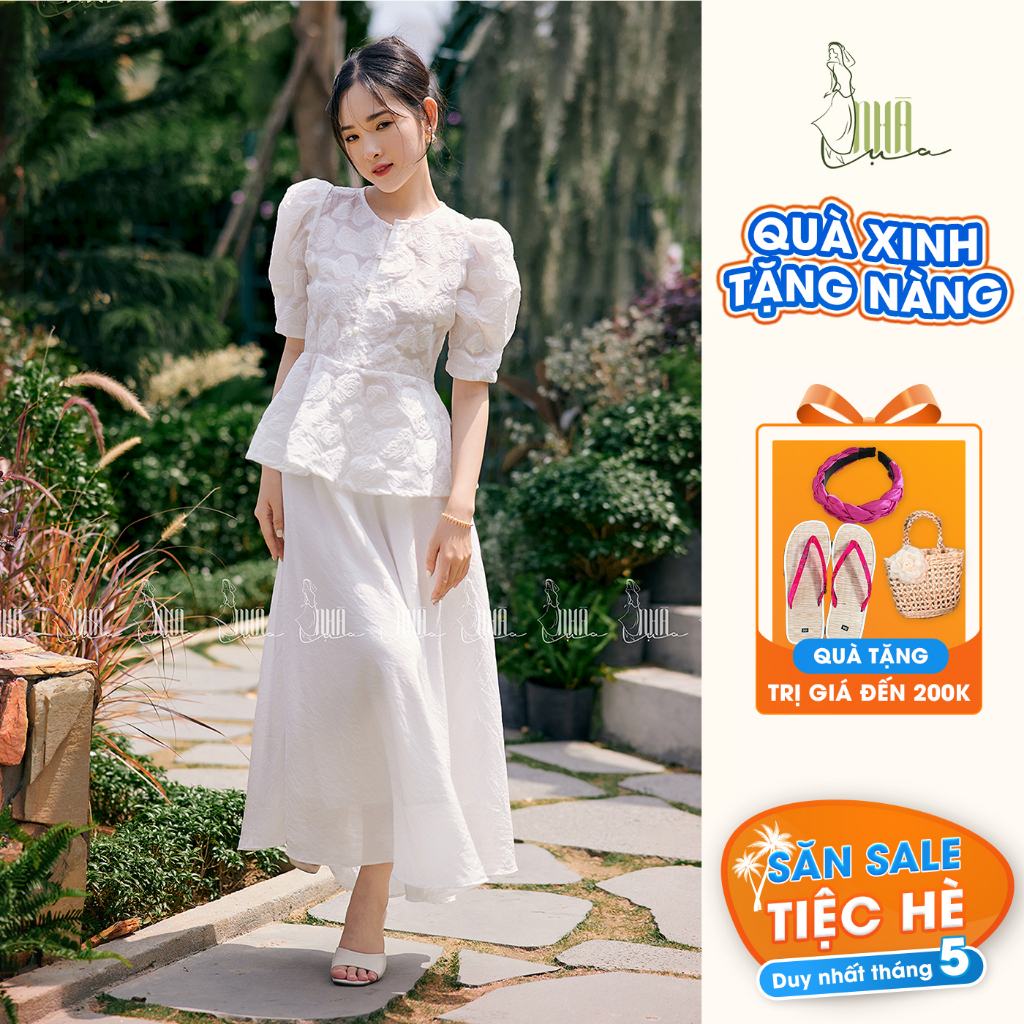 Set Minh Châu tiểu thư mùa hè cao cấp - Set bộ quần ống rộng dài,chân váy sang chảnh tay phồng nút ngực hách dáng