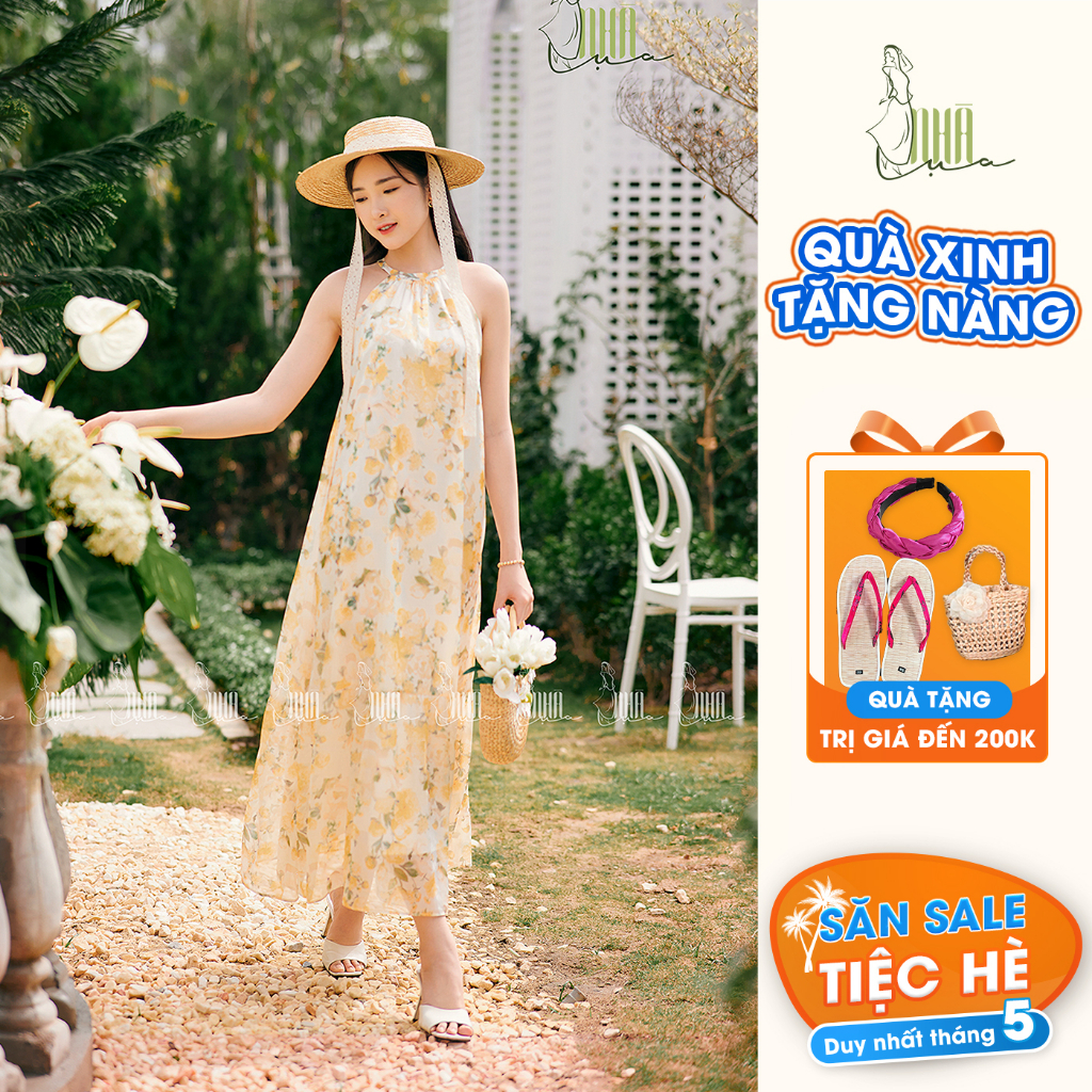 Váy maxi đi biển hoa cổ yếm Hạ Thảo mùa hè Nhà Lụa suông dài 2 lớp form rộng thoáng mát mềm mịn mẹ bé V03