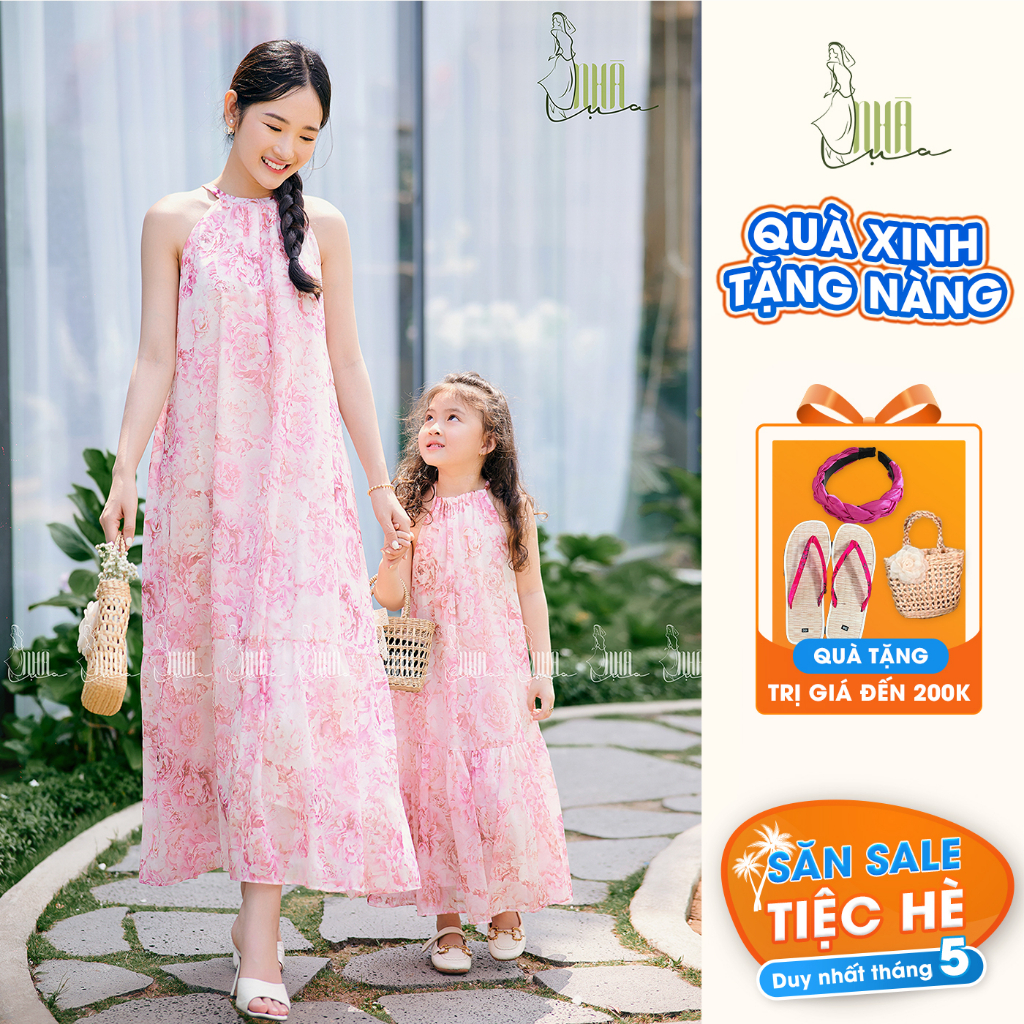 (Combo) Váy hoa maxi đi biển Hạ Thảo mẹ và bé gái cổ yếm -Đầm yếm maxi đi biển dáng xòe họa tiết hoa đi du lịch CB03