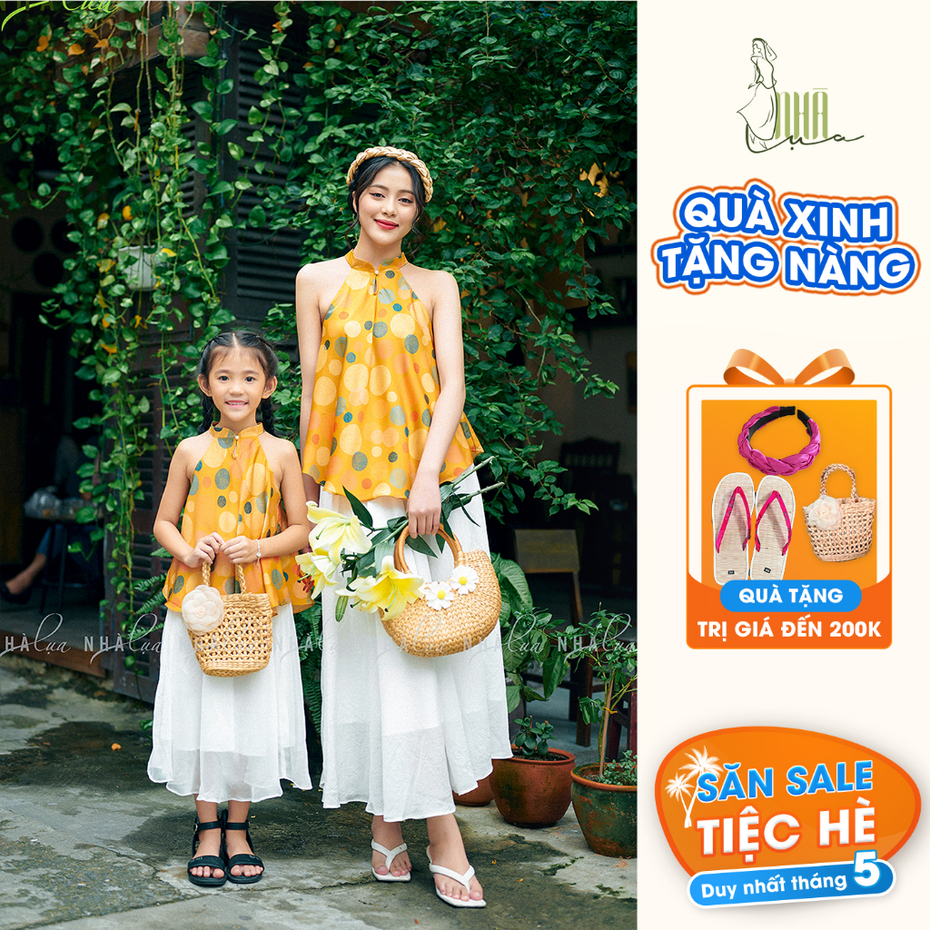Set yếm lụa mẹ và bé gái Cát Tường - Áo yếm lụa, chân váy trắng xòe dài nổi bật Nhà Lụa YCT01