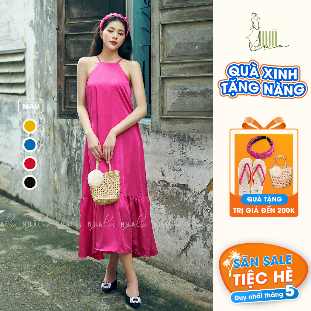 Váy yếm lụa dài Thục Khuê mùa hè - Váy lụa cổ yếm đầm dáng xòe maxi đuôi cá cho nàng trẻ trung du lịch, đi biển V02