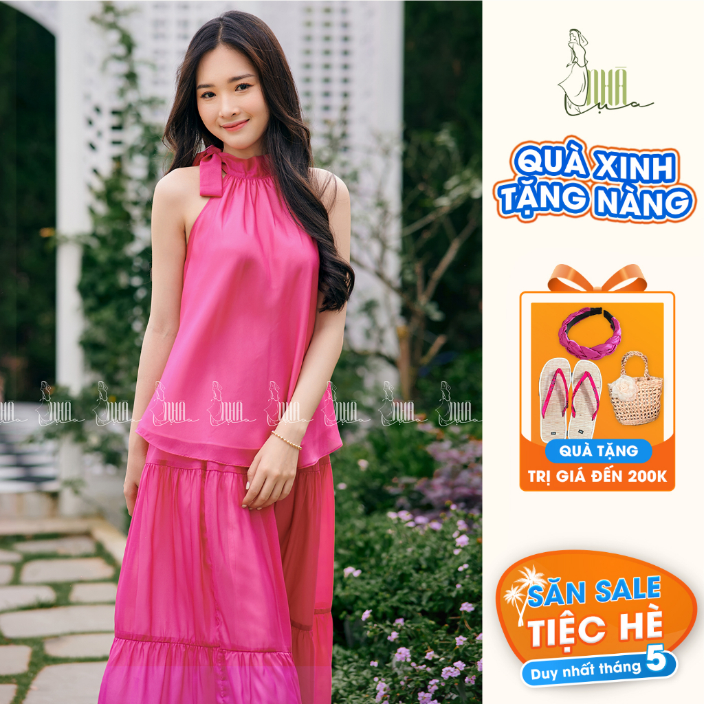 Set yếm chân váy cổ yếm nơ Hạ Miên nàng thơ - Set nữ mùa hè gái áo yếm váy xếp ly tầng màu hồng NHÀ LỤA Se007