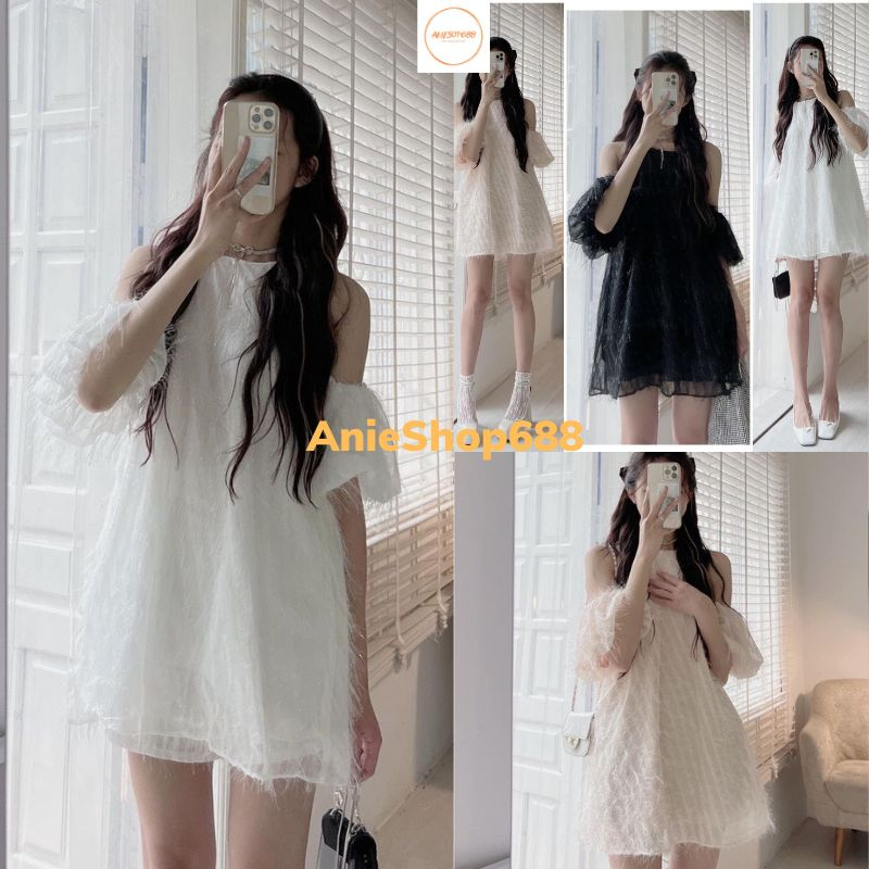 Váy Đầm Cổ Yếm Trễ Vai Lông Vũ Tơ Tay Rơi Trắng/Đen/Nude ,đầm trễ vai công chúa mềm mịn ANIESHOP688