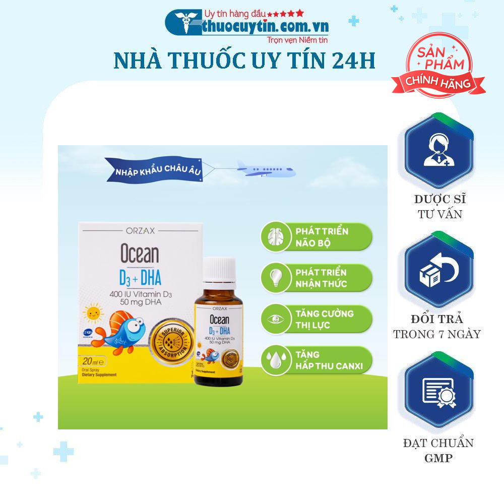 Orzax Ocean D3 + DHA dạng xịt cho bé - Giúp hấp thu canxi, tăng chiều cao, phát triển trí não và thị lực 20ml