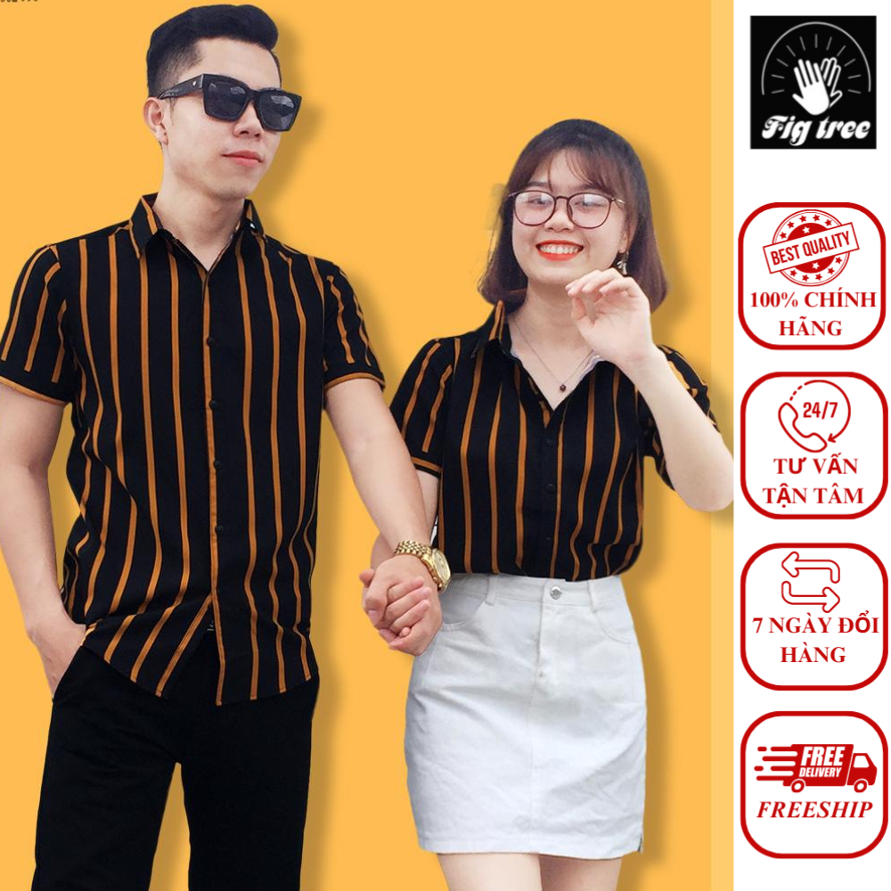 Áo Sơ Mi Cặp FIGTREE Sọc Đứng Màu Vàng Đen Tay Ngắn Siêu Cute