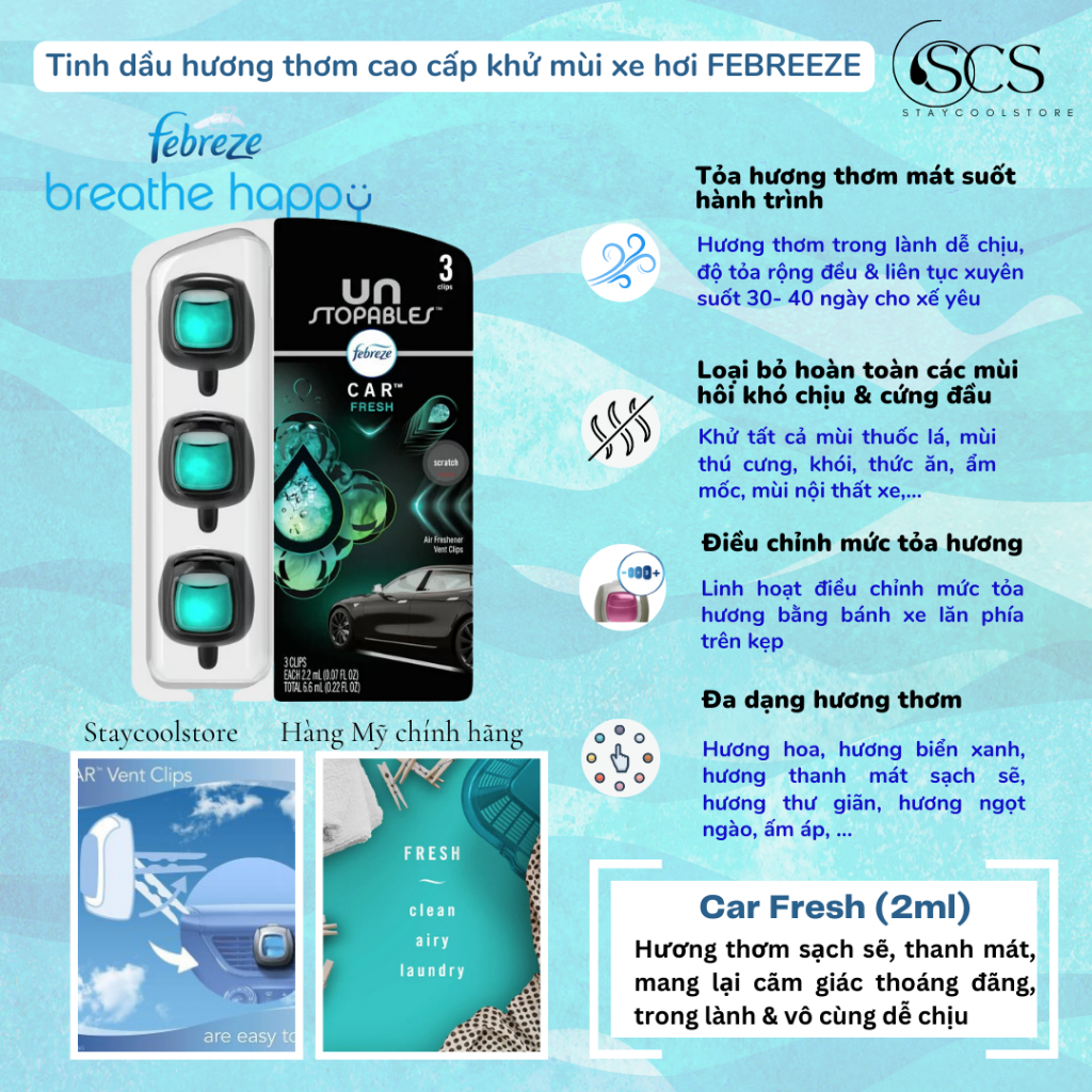 Febreze- Tinh dầu hương thơm nước hoa khử mùi xe hơi- ô tô- Tách lẻ 1 kẹp dung tích 2ml Car Air Freshener