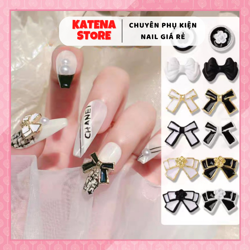 Charm nơ phụ kiện trang trí móng tay thủ công bằng hợp kim hình nơ nhiều kiểu màu trắng đen kiểu Pháp