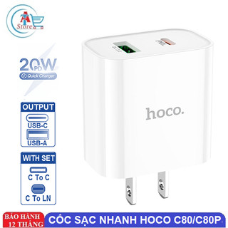 Cốc sạc nhanh 2 cổng usb-a và usb-c hoco c80 / c80plus qc3.0 20w chính hãng