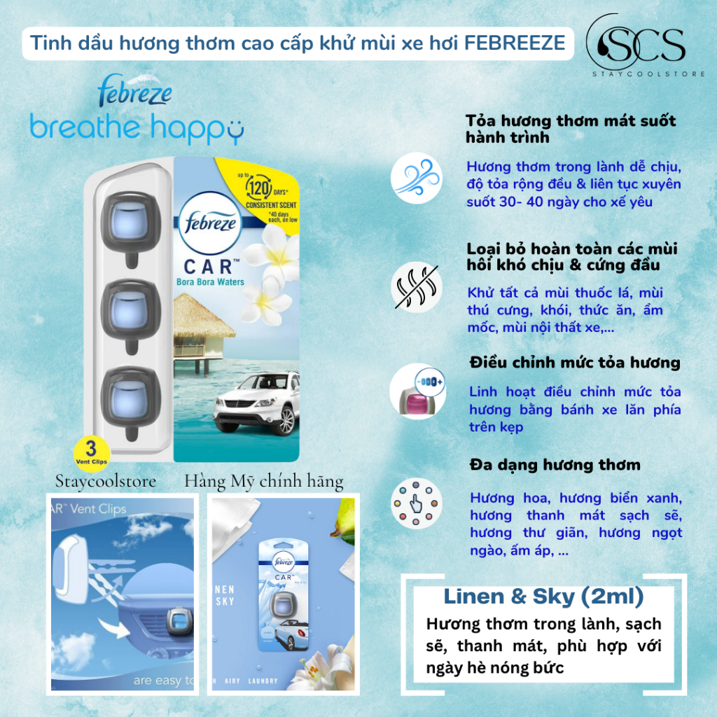 Febreze- Tinh dầu hương thơm nước hoa khử mùi xe hơi- ô tô- Tách lẻ 1 kẹp dung tích 2ml Car Air Freshener