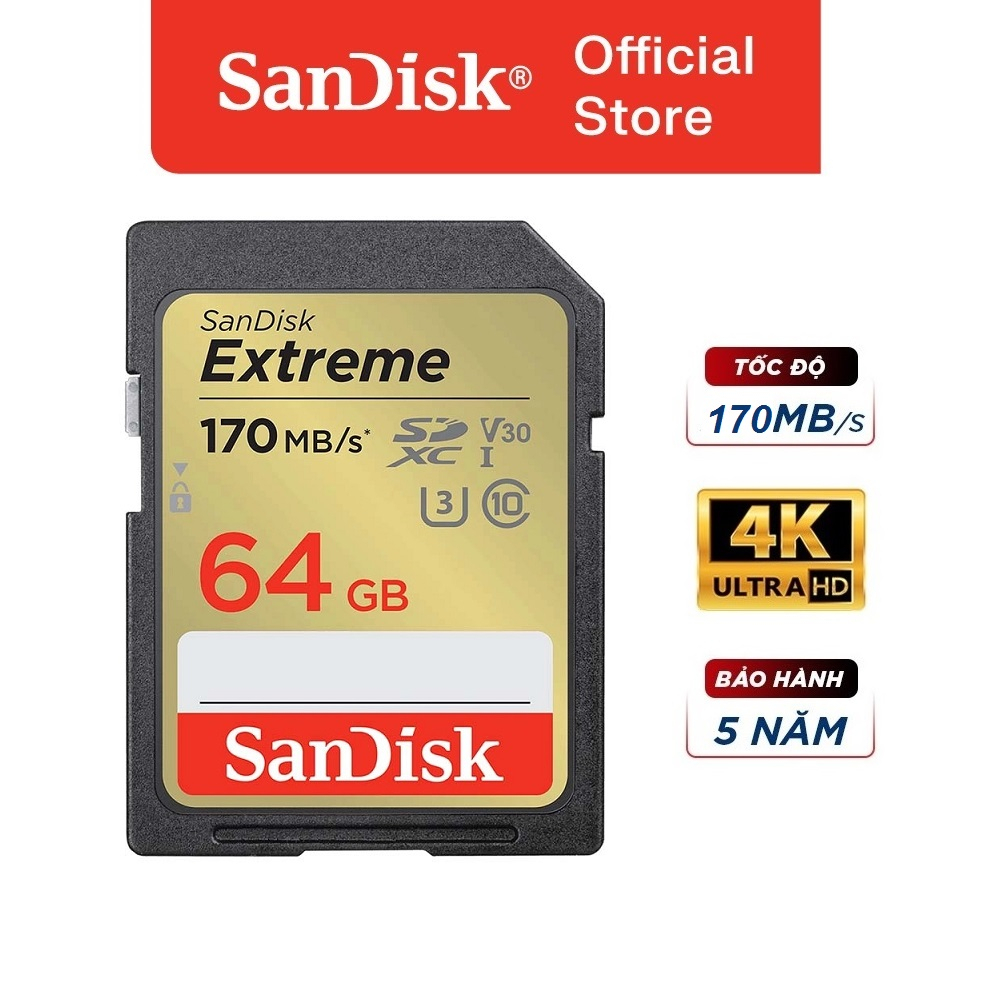 Thẻ nhớ cho máy ảnh SanDisk Extreme SDXC 64GB UHS-I class 3 V30 Upto 170MB/s