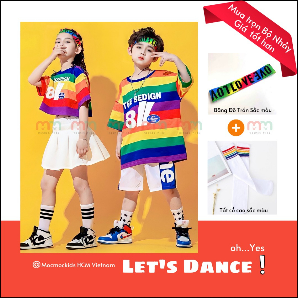 Đồ nhảy hiphop cho bé 7 sắc cầu vồng, áo croptop váy xếp ly có chip bé gái, áo thun quần short bé trai từ 15kg-44kg
