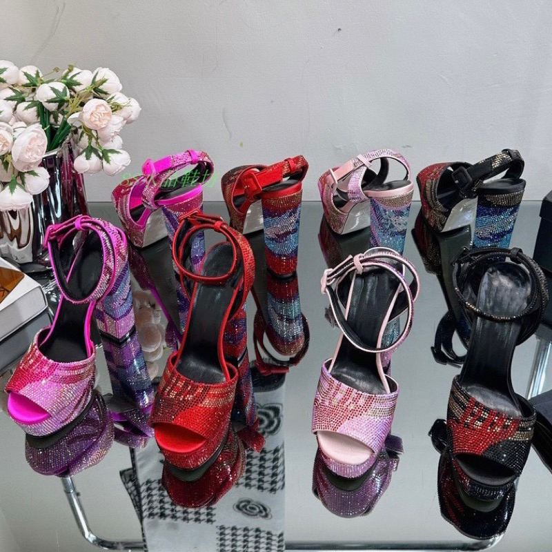 ORDER 💕 Giày Korea quai ngang đính đá màu hoạ tiết gót trụ 14 cm 35-40