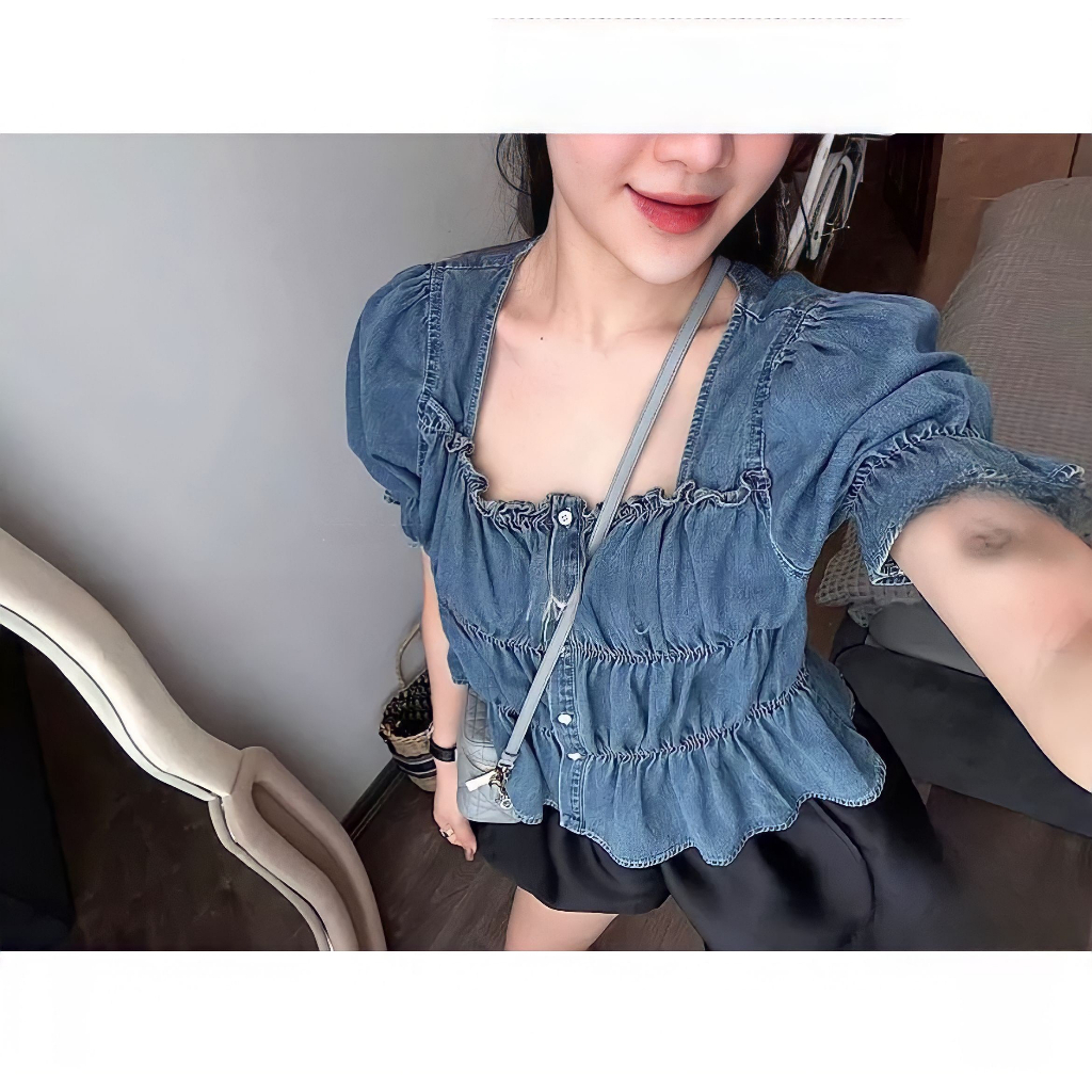 Áo Denim Chun Ngực Quảng Châu, Dáng Vintage, Freesize Dưới 60kg, Hàng Shop