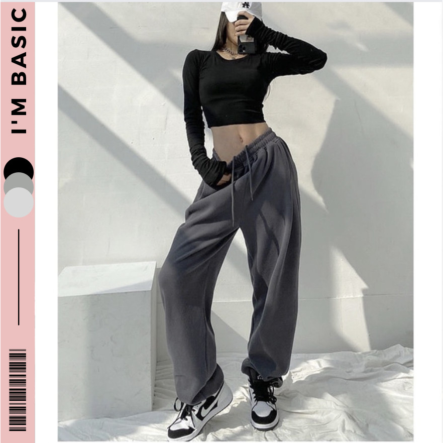 Quần Sweatpants Jogger Nữ màu xám đậm I'M BASIC Girly Dây Rút Bo Gấu Ống Rộng Nỉ Tăm phong cách Hàn Quốc QJG01