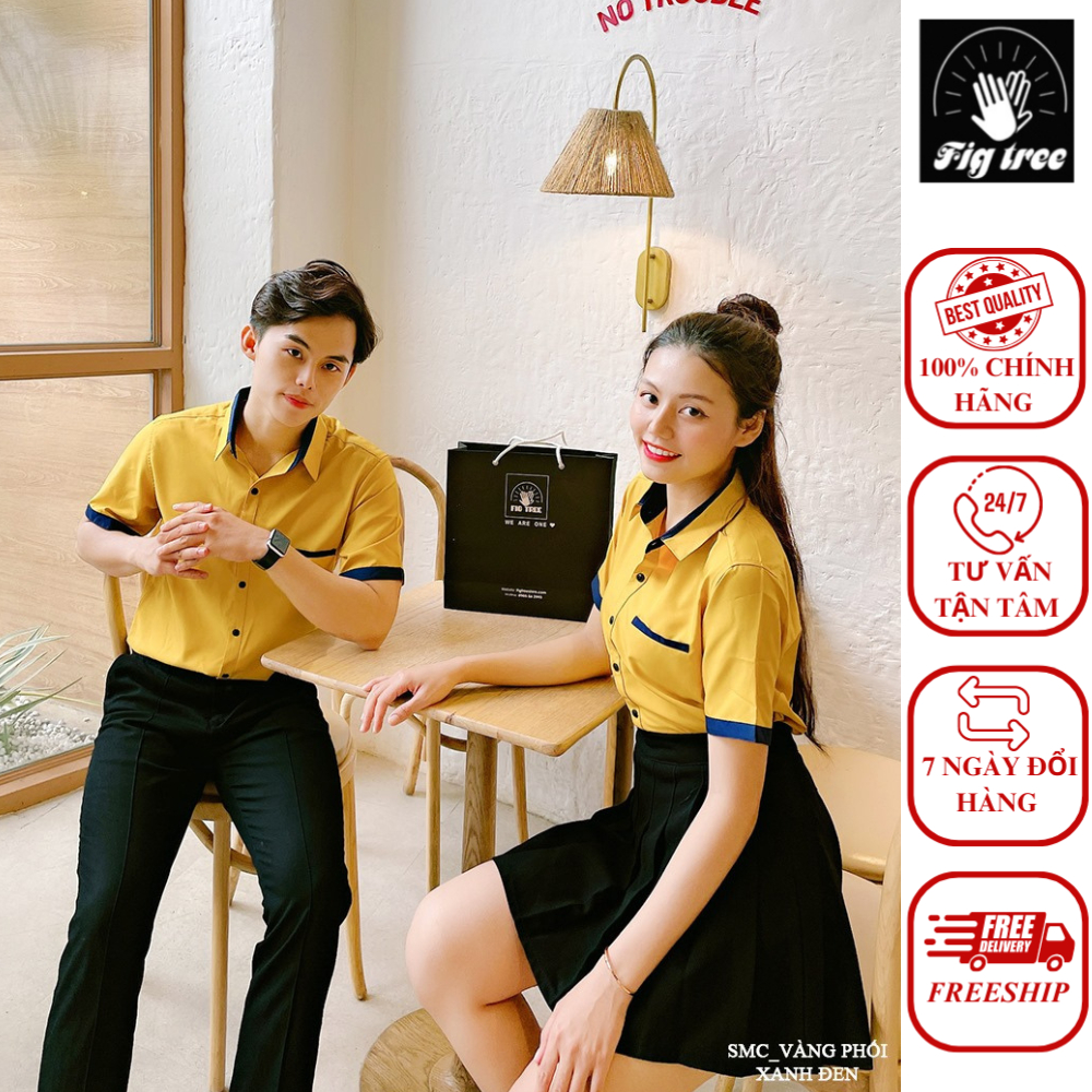 Áo Sơ Mi Cặp FIGTREE Vàng Phối Tay Ngắn Siêu Xinh