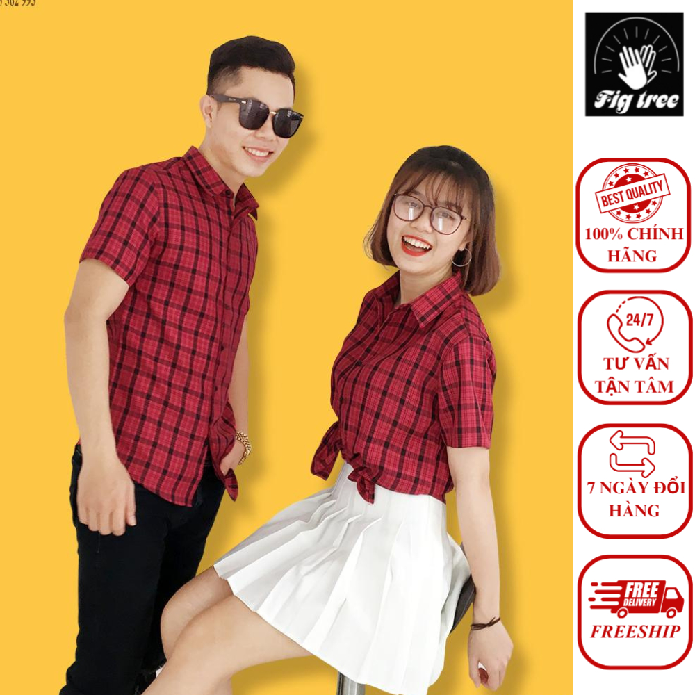 Áo Sơ Mi Cặp FIGTREE Caro Đỏ Tay Ngắn Tươi Tắn Mã 160D