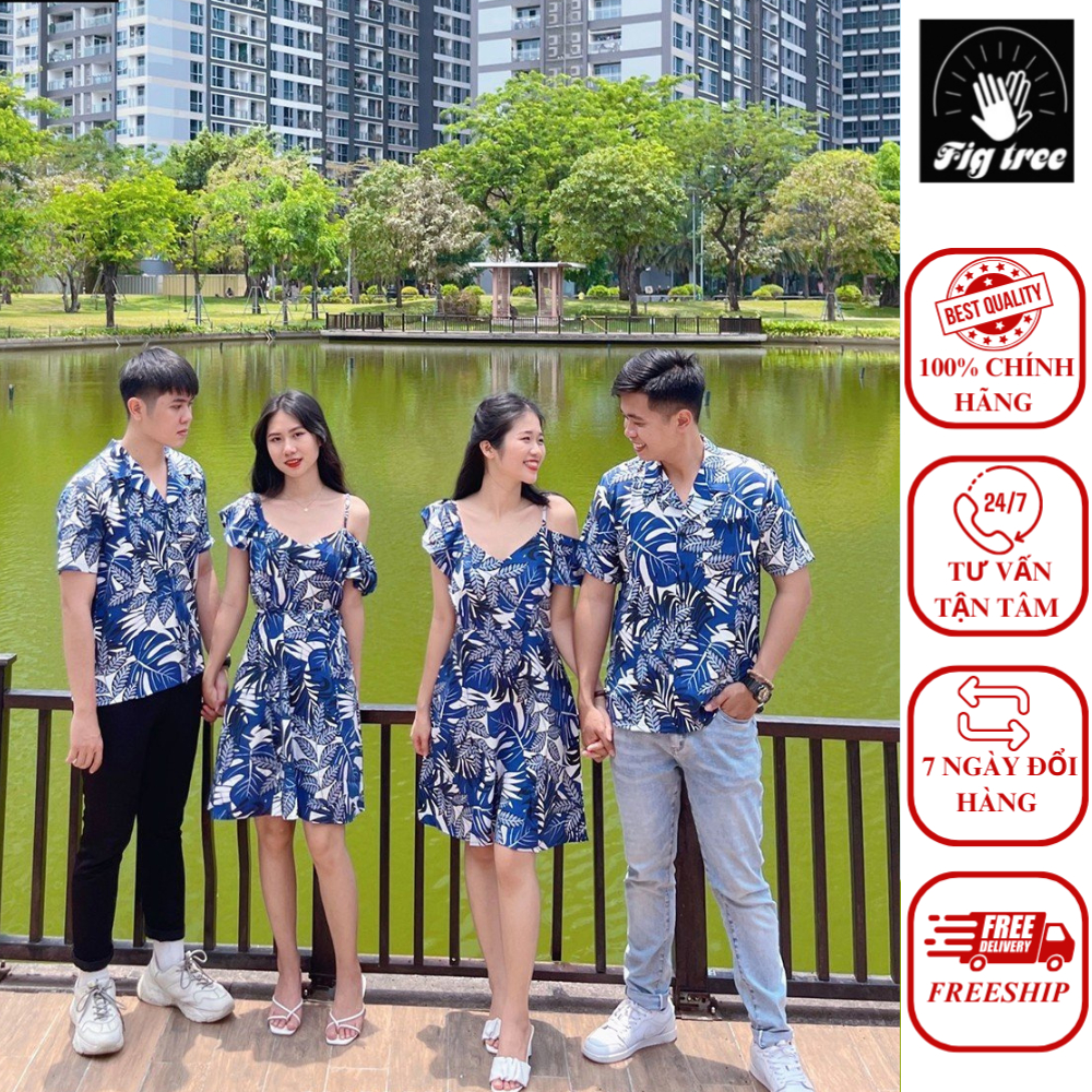 Set đồ đôi (áo Form rộng- váy lệch vai ) họa tiết chiếc lá xanh đen trẻ trung (MS : 173)