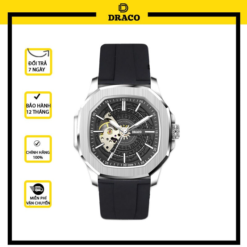Đồng hồ nam Draco D23-DS68 “DongSon” Automatic trắng đen kết hợp chất liệu dây cao su non cao cấp màu đen-thời trang nam