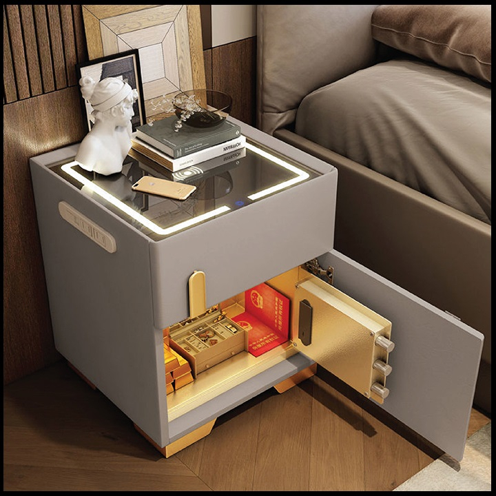Tủ đầu giường mặt kính cường lực tích hợp két sắt mini. Tab đầu giường thông minh kèm sạc không dây, đèn Led, cổng Usb