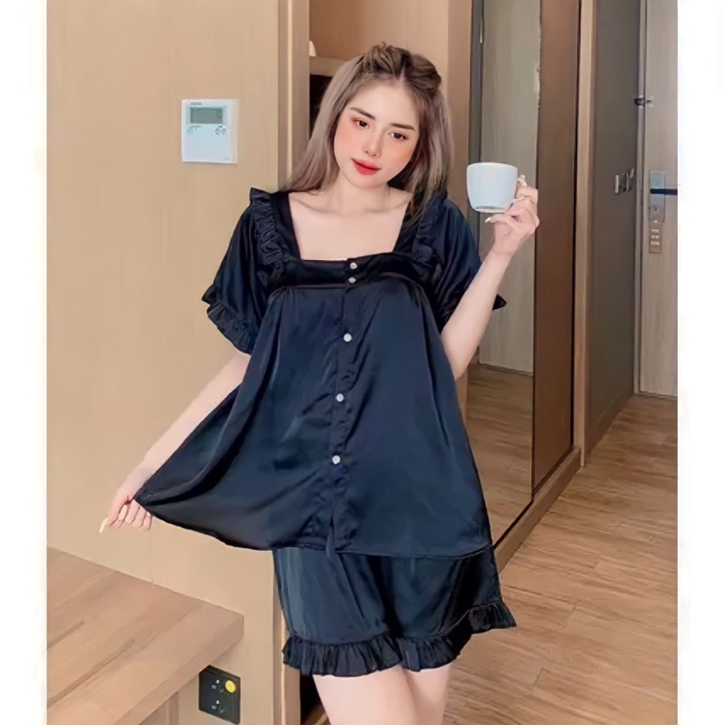 Bộ ngủ - đồ ngủ pijama tiểu thư cổ vuông tay cộc quần đùi chất kate thái
